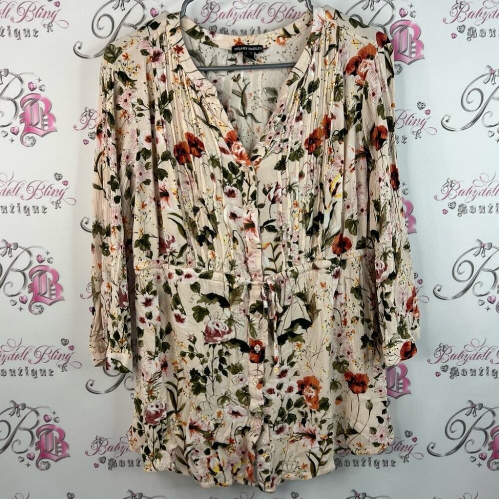Hilary Radley long sleeve tie up waist Floral Blouse - Cream and Multicolor